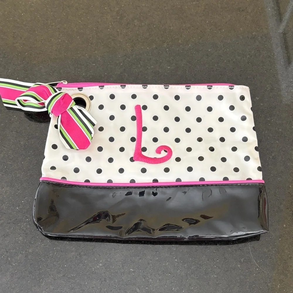 Mud Pie Black & White All PVC Polka Dot Cosmetic Bag Clutch Monogramed Pink “L”